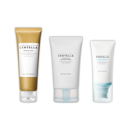 Paket grundläggande hudvårdsrutin: SKIN1004 Centella rengöringsskum, Hyalu-Cica fuktkräm, SPF50+ solskyddsserum