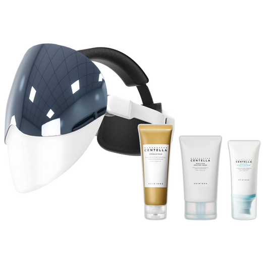 LED maska + tri produkty základnej rutiny: čistiaca pena, hydratačný krém, opaľovacie sérum SPF50+
