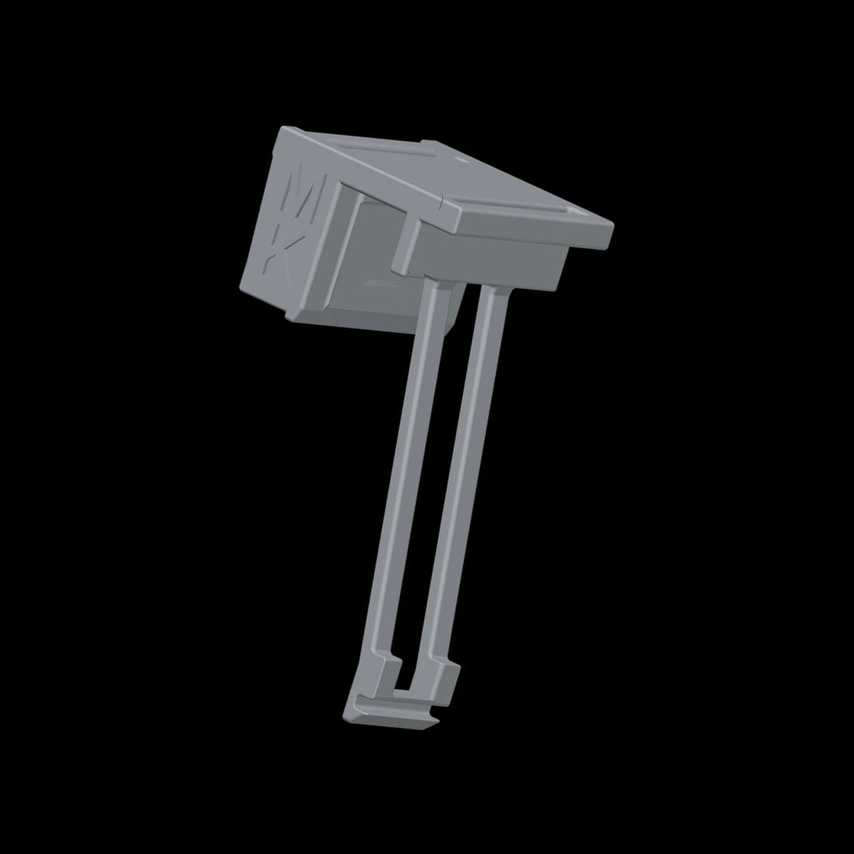 Bandadapterns tredimensionella modell i CAD-vy, med MK-monogrammet på sidoplattan